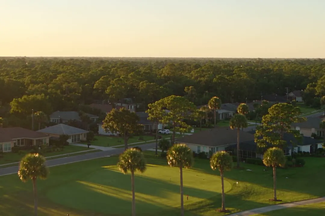 Aerial view of a Grand Strand neighborhood at sunset
